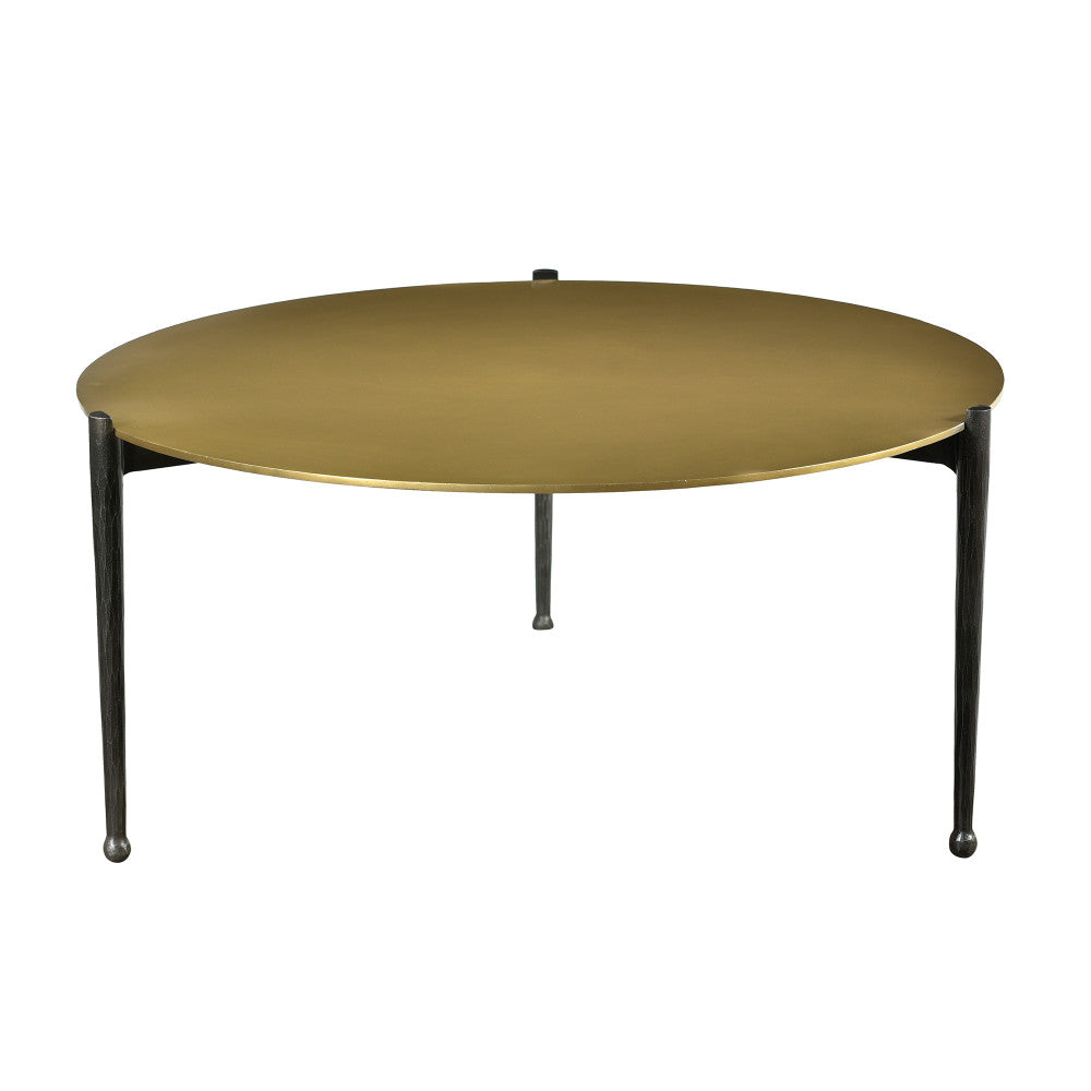 Armstrong Coffee Table QR-20929.BRSSBLK.0 by CuratedKravet CuratedKravet An antique brass iron sheet top coffee table featuring a tri-leg black iron base. India Dust lightly with a soft, dry cloth. </p><p>Dimensions: Length 38, Height 18, Width 38 - Fabric Carolina -
