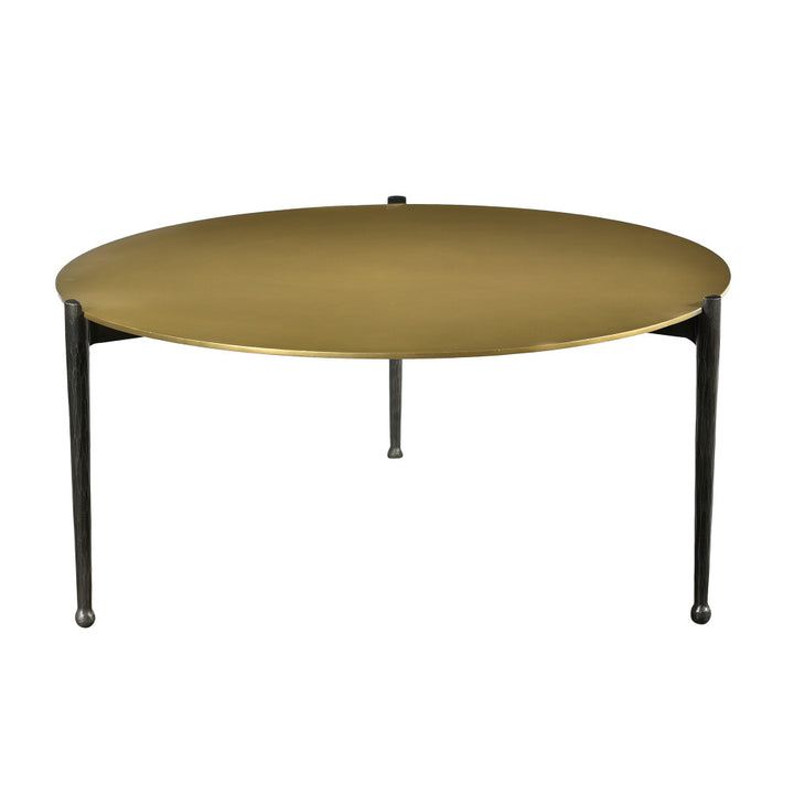 Armstrong Coffee Table QR-20929.BRSSBLK.0 by CuratedKravet CuratedKravet An antique brass iron sheet top coffee table featuring a tri-leg black iron base. India Dust lightly with a soft, dry cloth. </p><p>Dimensions: Length 38, Height 18, Width 38 - Fabric Carolina -