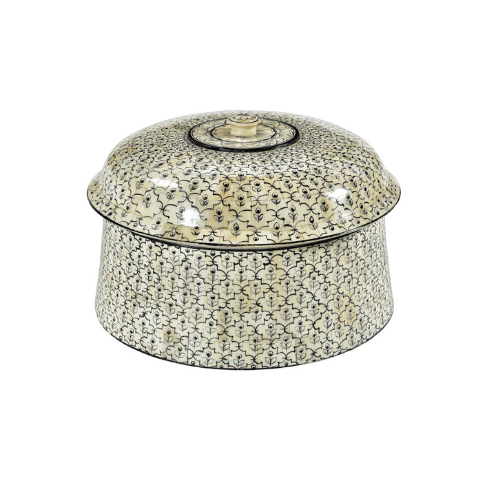Dussey Bone Box QR-20943.NTRLBLK.0 by CuratedKravet CuratedKravet An oversized wood and bone lidded box featuring an intricate inlaid pattern. Due to the natural material and handmade nature of this box, variation is to be expected. India Dust lightly with a soft, dry cloth. </p><p>Dimensions: Length 12, Height 7.5, Width 12 Bone - 50%, Wood - 50% - Fabric Carolina -
