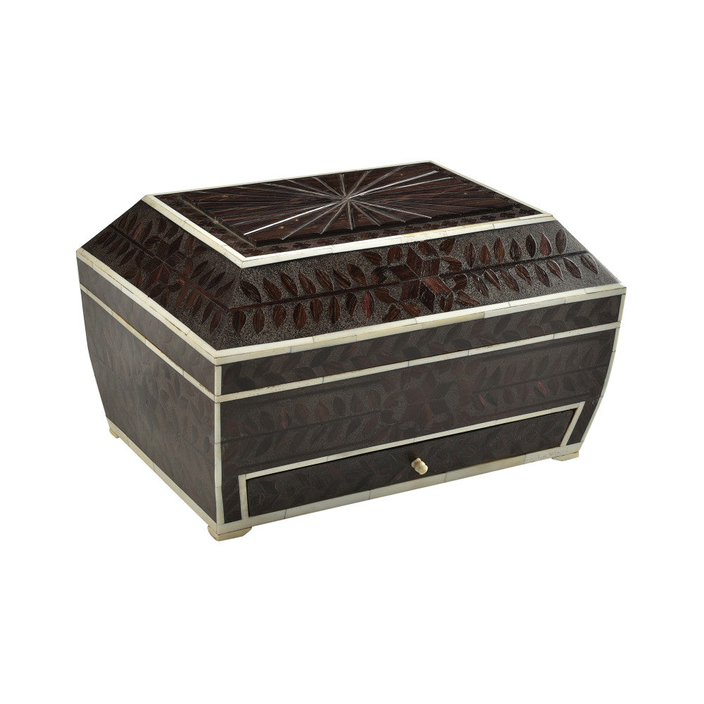 Porter Box QR-20944.DRKBRWN.0 by CuratedKravet CuratedKravet An oversized, intricate wood and bone lidded box. Features a small pull out drawer at the base of the box. Due to the natural material and handmade nature of this box, variation is to be expected. India Dust lightly with a soft, dry cloth. </p><p>Dimensions: Length 13.5, Height 8.5, Width 10 Wood - 80%, Bone - 20% - Fabric Carolina -