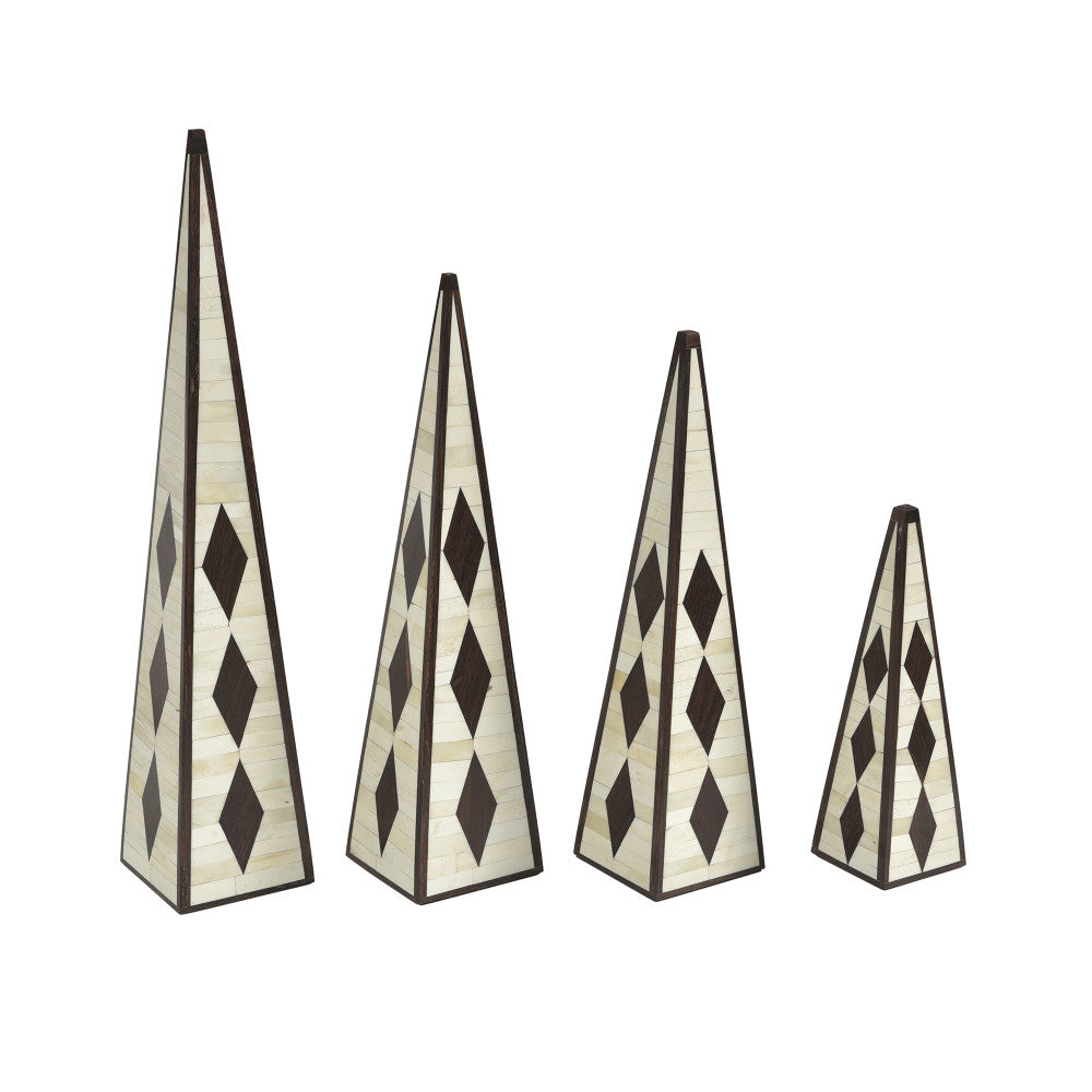 Francis Obelisks, Set Of 4 QR-20946.NTRLBRWN.0 by CuratedKravet CuratedKravet A set of four bone and wood inlay decorative obelisks. Due to the natural material and the handmade nature of these objects, variation is to be expected. Measures, X-small: 3.5"L x 3.5"W x 12"H; Small: 4.5"L x 4.5"W x 18"H; Medium: 4.5"L x 4.5"W x 20.5"H; Large: 4.5"L x 4.5"W x 25"H. India Dust lightly with a soft, dry cloth. </p><p>Dimensions: Length , Height , Width Bone - 50%, Wood - 50% - Fabric Carolina -