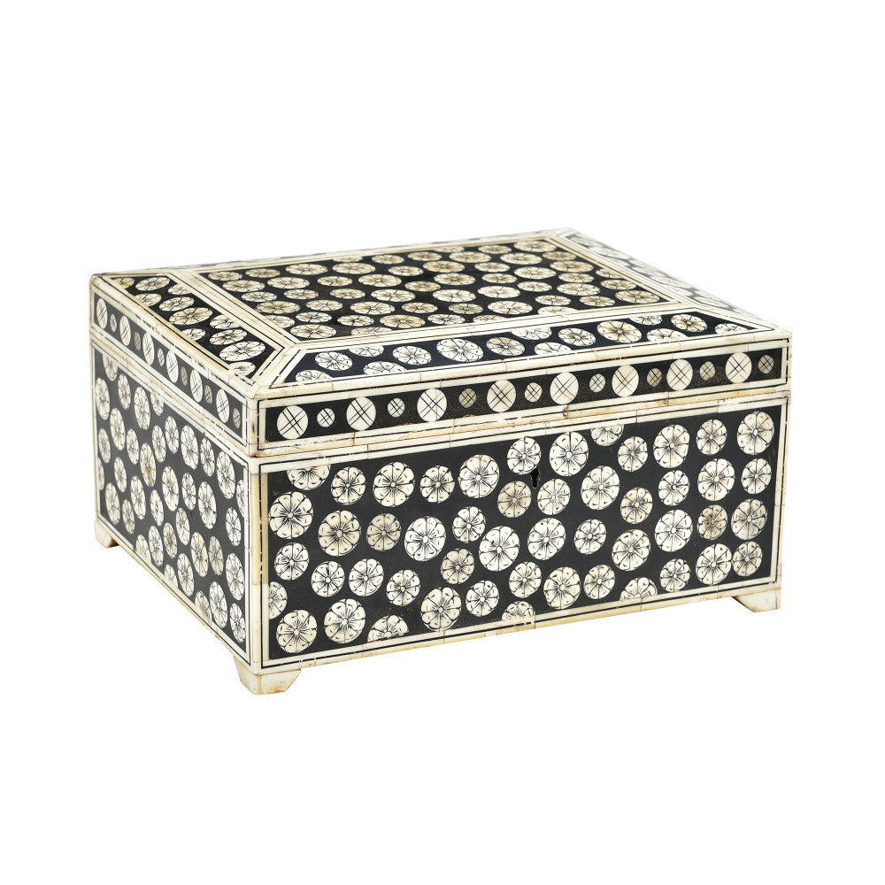 Dimitri Bone Box QR-20947.NTRLBLK.0 by CuratedKravet CuratedKravet An oversized wood and bone lidded box featuring an intricate inlaid pattern. Due to the natural material and handmade nature of this box, variation is to be expected. India Dust lightly with a soft, dry cloth. </p><p>Dimensions: Length 12, Height 6, Width 9 Bone - 50%, Wood - 50% - Fabric Carolina -