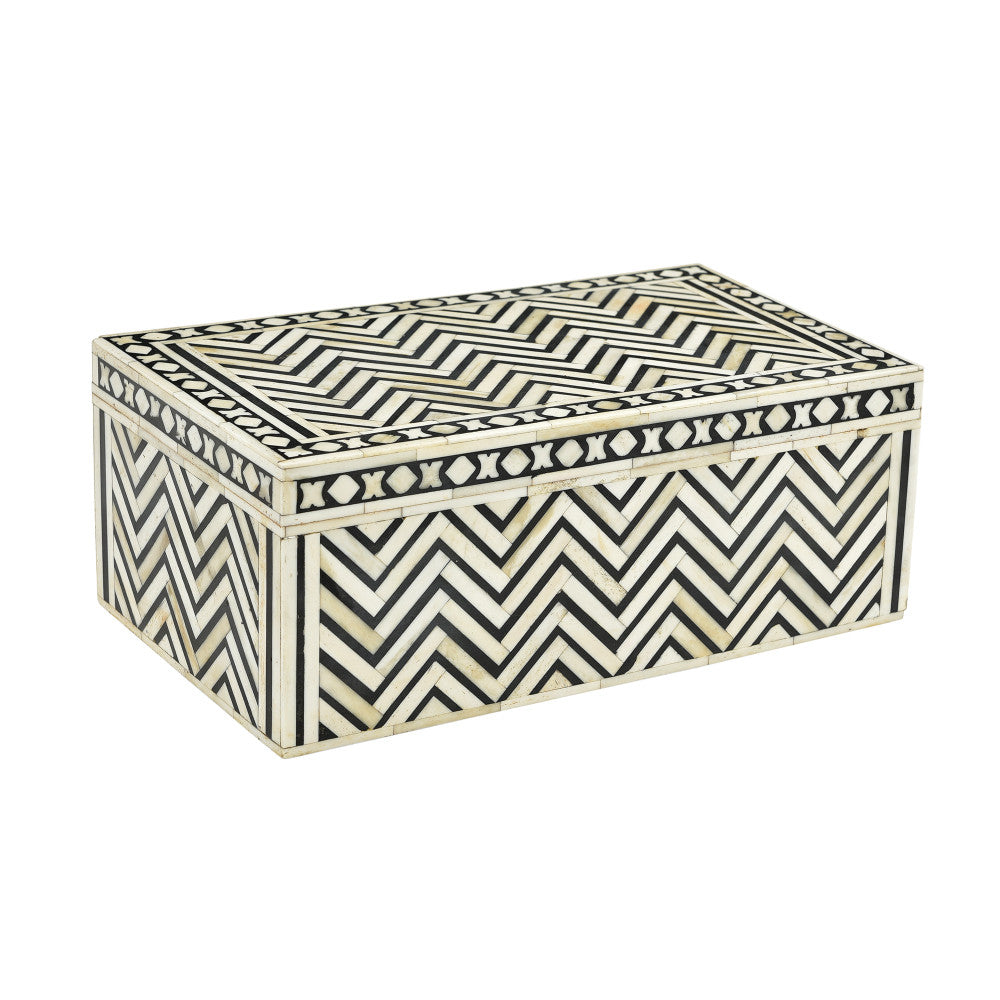 Larkin Bone Box QR-20952.NTRLBLK.0 by CuratedKravet CuratedKravet An oversized wood and bone lidded box featuring an intricate inlaid pattern. Due to the natural material and handmade nature of this box, variation is to be expected. India Dust lightly with a soft, dry cloth. </p><p>Dimensions: Length 14, Height 5.5, Width 8 Bone - 50%, Wood - 50% - Fabric Carolina -
