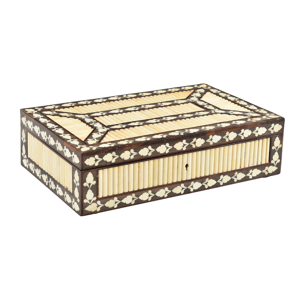 Belkin Bone Box QR-20953.NTRLBLK.0 by CuratedKravet CuratedKravet A wood and bone lidded box featuring an intricate inlaid pattern. Due to the natural material and handmade nature of this box, variation is to be expected. India Dust lightly with a soft, dry cloth. </p><p>Dimensions: Length 15, Height 4, Width 9 Bone - 50%, Wood - 50% - Fabric Carolina -