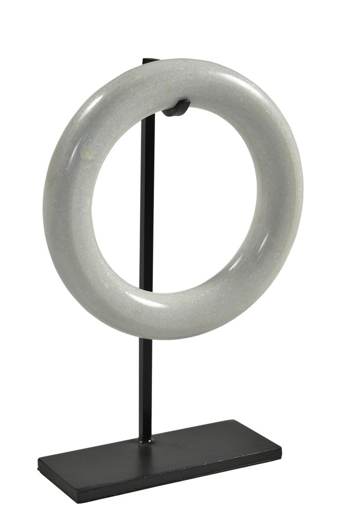 Desimone Sculpture QR-20954.WHTBLK.0 by CuratedKravet CuratedKravet A decorative marble ring on a black iron stand. India Dust lightly with a soft, dry cloth. </p><p>Dimensions: Length 12, Height 18, Width 4 Iron - 50%, Marble - 50% - Fabric Carolina -