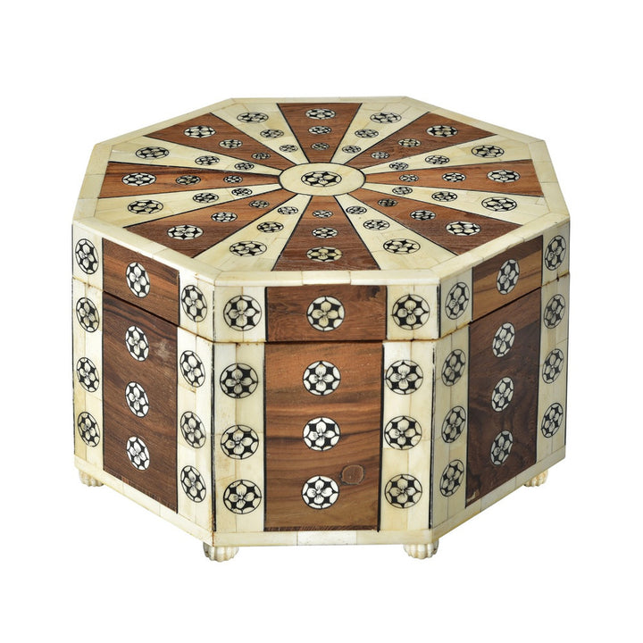Vaughan Bone Box QR-20956.NTRLBRWN.0 by CuratedKravet CuratedKravet An octagonal wood and bone lidded box featuring an intricate inlaid pattern. Due to the natural material and handmade nature of this box, variation is to be expected. India Dust lightly with a soft, dry cloth. </p><p>Dimensions: Length 12, Height 7, Width 12 Bone - 50%, Wood - 50% - Fabric Carolina -