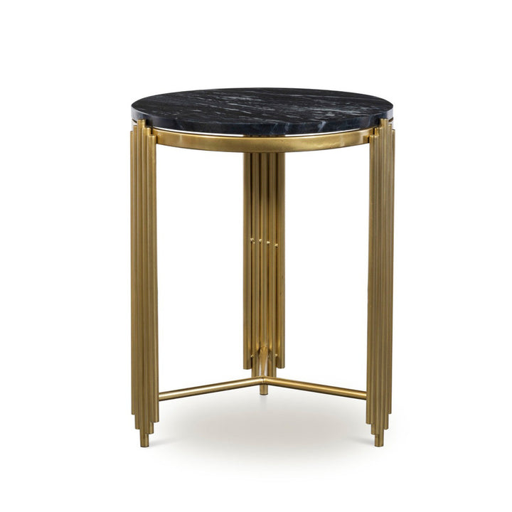 Alexandria Side Table, Brass QR-20960.BLKBRSS.0 by CuratedKravet CuratedKravet A side table detailed with art deco inspired metal legs, topped with black marble. Due to the natural material, variation is to be expected in marble veining and coloring. India </p><p>Dimensions: Length 18.5, Height 23, Width 18.5 - Fabric Carolina -