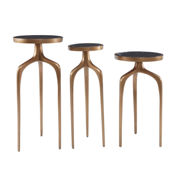 Anya Side Tables, Set Of 3 QR-20968.BLKANTBRSS.0 by CuratedKravet CuratedKravet A set of 3 antique brass metal tables, topped with black marble tabletops. Measures, Small: 8"W x 8"D x 22"H; Medium: 11"W x 11"D x 19.75"H; Large: 11"W x 11"D x 23.75"H. India DUST LIGHTLY WITH A SOFT, DRY CLOTH. </p><p>Dimensions: Length , Height , Width - Fabric Carolina -