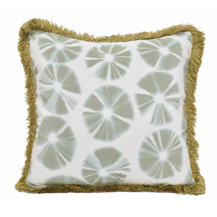 Echino Pillow QR-21003.PALM.0 by CuratedKravet CuratedKravet Measures 22"H X 22"L. Decorative accent pillow in Kravet Couture Echino.3 on the face and Kravet 33008.1 on the reverse. Detailed with Kravet T30586.313 brush fringe on the edge. Features an invisible zipper. Made in the USA. Includes a 95/5 feather/down insert. United States DRY CLEAN ONLY. </p><p>Dimensions: Length 22, Height 22, Width - Fabric Carolina -