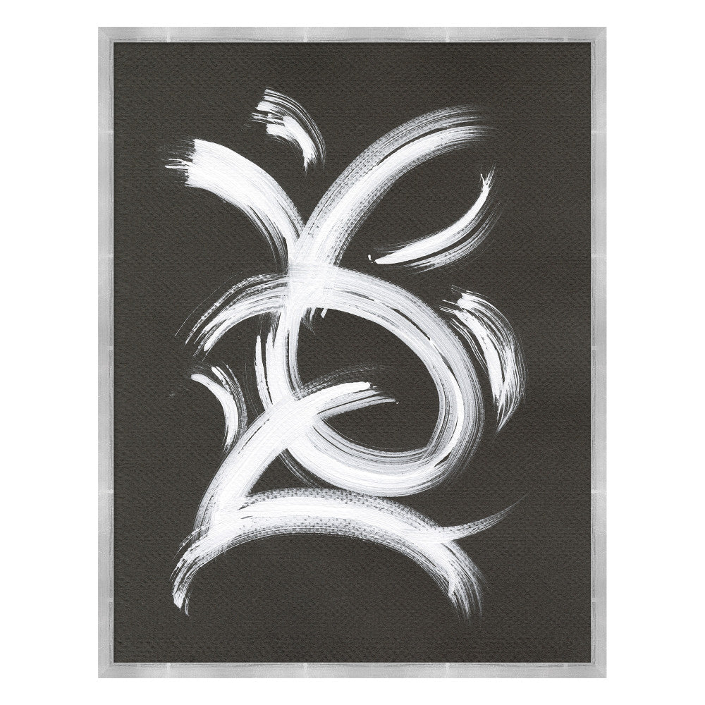 Now And Zen 1 QR-21032.WHITEGRAY.0 by CuratedKravet CuratedKravet "Now and Zen" 1 through 3 depict an abstract interpretation of symbols that inspire serenity and relaxation. Free-handed white brush strokes on a dark gray background, featuring a silver frame. Made to order in the USA. United States </p><p>Dimensions: Length 21, Height 27, Width 1.75 - Fabric Carolina -