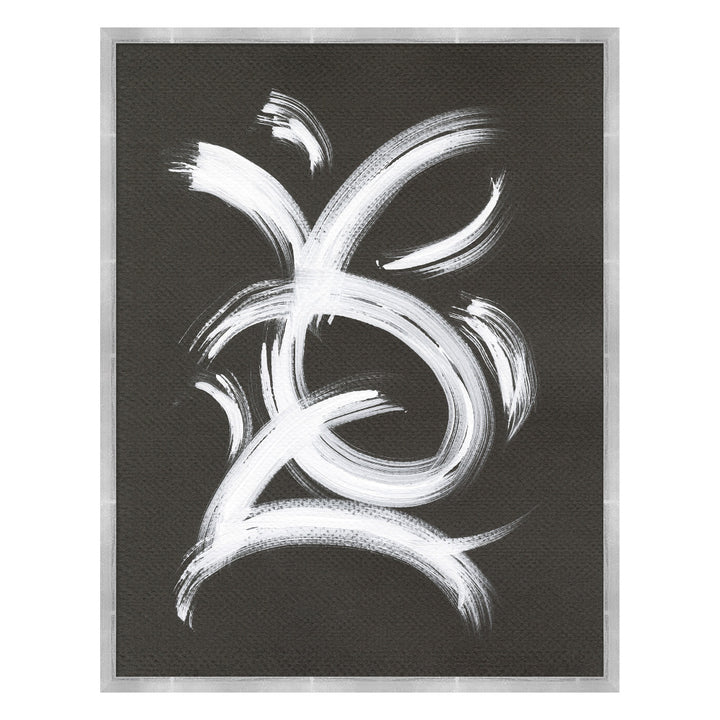 Now And Zen 1 QR-21032.WHITEGRAY.0 by CuratedKravet CuratedKravet "Now and Zen" 1 through 3 depict an abstract interpretation of symbols that inspire serenity and relaxation. Free-handed white brush strokes on a dark gray background, featuring a silver frame. Made to order in the USA. United States </p><p>Dimensions: Length 21, Height 27, Width 1.75 - Fabric Carolina -