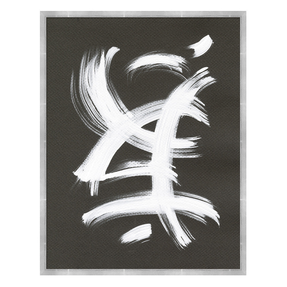 Now And Zen 2 QR-21033.WHITEGRAY.0 by CuratedKravet CuratedKravet "Now and Zen" 1 through 3 depict an abstract interpretation of symbols that inspire serenity and relaxation. Free-handed white brush strokes on a dark gray background, featuring a silver frame. Made to order in the USA. United States </p><p>Dimensions: Length 21, Height 27, Width 1.75 - Fabric Carolina -