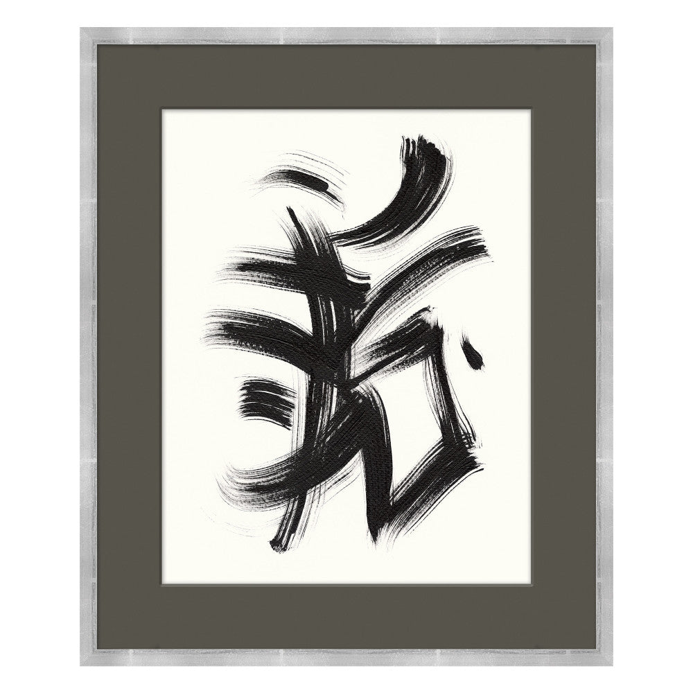Serenity 1 QR-21035.BLACKWHITE.0 by CuratedKravet CuratedKravet The "Serenity Collection" depicts an abstract interpretation of symbols that inspire serenity and relaxation. Free-handed black brush strokes on a white background. Featuring a grey mat and a silver frame. Made to order in the USA. United States </p><p>Dimensions: Length 20, Height 24, Width 1 - Fabric Carolina -