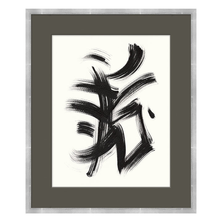 Serenity 1 QR-21035.BLACKWHITE.0 by CuratedKravet CuratedKravet The "Serenity Collection" depicts an abstract interpretation of symbols that inspire serenity and relaxation. Free-handed black brush strokes on a white background. Featuring a grey mat and a silver frame. Made to order in the USA. United States </p><p>Dimensions: Length 20, Height 24, Width 1 - Fabric Carolina -