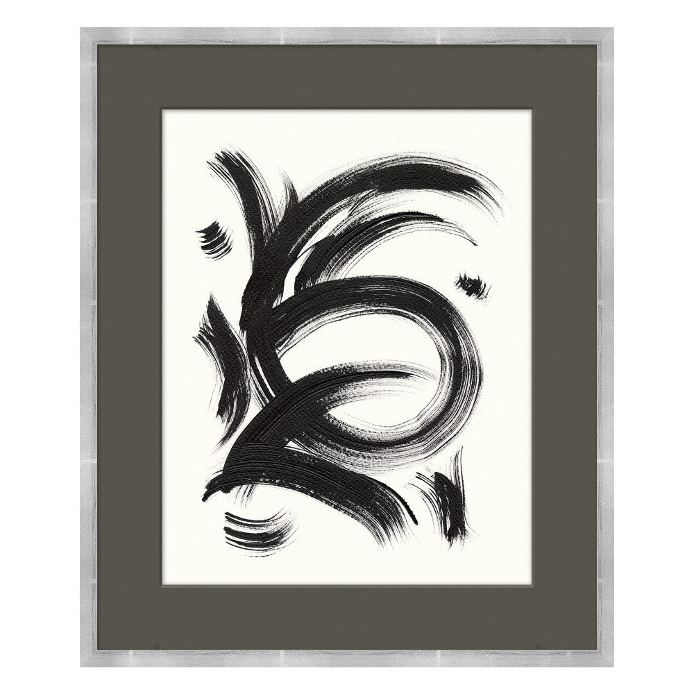 Serenity 2 QR-21036.BLACKWHITE.0 by CuratedKravet CuratedKravet The "Serenity Collection" depicts an abstract interpretation of symbols that inspire serenity and relaxation. Free-handed black brush strokes on a white background. Featuring a grey mat and a silver frame. Made to order in the USA. United States </p><p>Dimensions: Length 20, Height 24, Width 1 - Fabric Carolina -