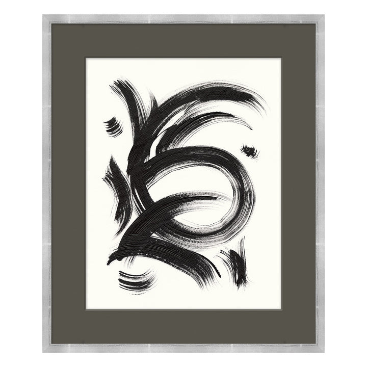 Serenity 2 QR-21036.BLACKWHITE.0 by CuratedKravet CuratedKravet The "Serenity Collection" depicts an abstract interpretation of symbols that inspire serenity and relaxation. Free-handed black brush strokes on a white background. Featuring a grey mat and a silver frame. Made to order in the USA. United States </p><p>Dimensions: Length 20, Height 24, Width 1 - Fabric Carolina -