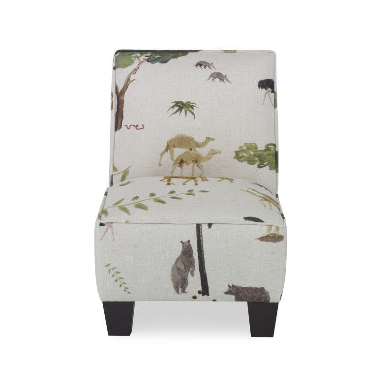 Talia Kids Chair QR-21064.MULTI.0 by CuratedKravet CuratedKravet Part of the CuratedKravet kid's furniture collection, this armless side chair is upholstered in Kravet's AM100064.16, featuring a whimsical safari animal pattern. Detailed with espresso wood legs. Suggested weight limit is 50 lbs. United States </p><p>Dimensions: Length 16, Height 22, Width 19 - Fabric Carolina -
