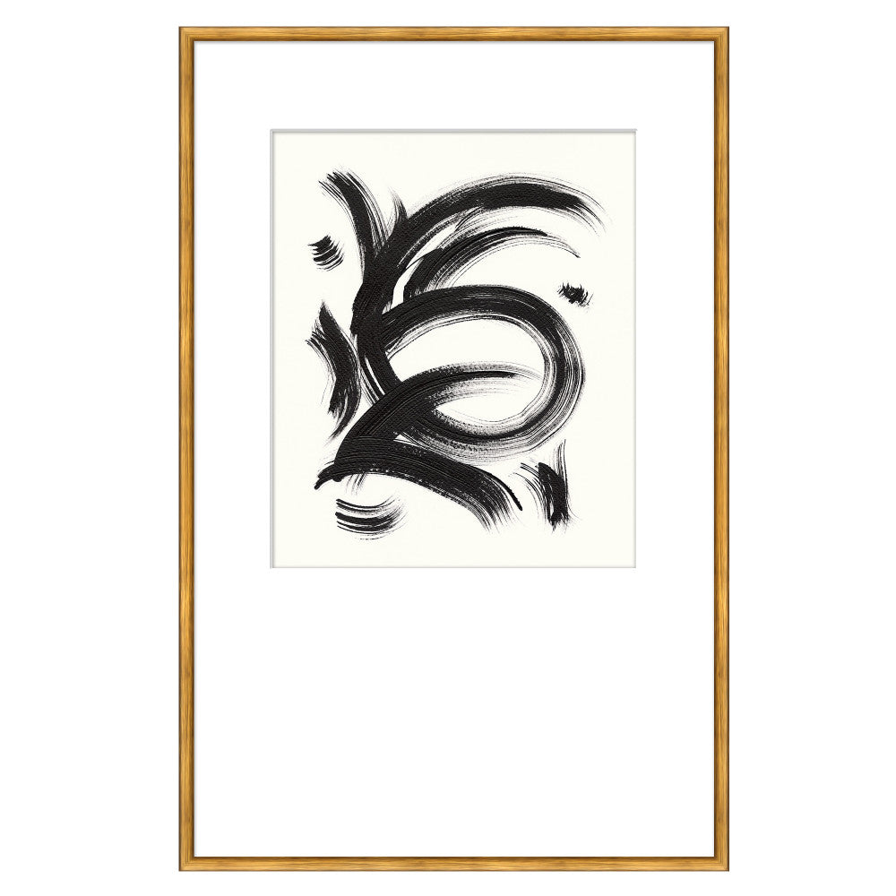 Uptown 2 QR-21068.WHITEGOLD.0 by CuratedKravet CuratedKravet "Uptown" 1 through 3 depict an abstract interpretation of symbols that inspire serenity and relaxation. Free-handed black brush strokes on a white mounted background, featuring a Gold Leaf frame. Made to order in the USA. United States </p><p>Dimensions: Length 24, Height 37, Width 1 - Fabric Carolina -