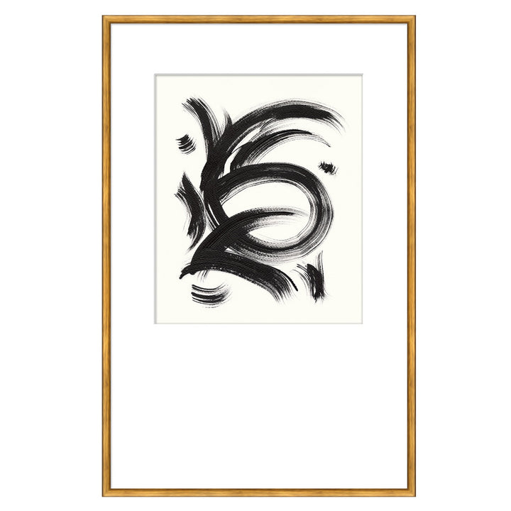 Uptown 2 QR-21068.WHITEGOLD.0 by CuratedKravet CuratedKravet "Uptown" 1 through 3 depict an abstract interpretation of symbols that inspire serenity and relaxation. Free-handed black brush strokes on a white mounted background, featuring a Gold Leaf frame. Made to order in the USA. United States </p><p>Dimensions: Length 24, Height 37, Width 1 - Fabric Carolina -