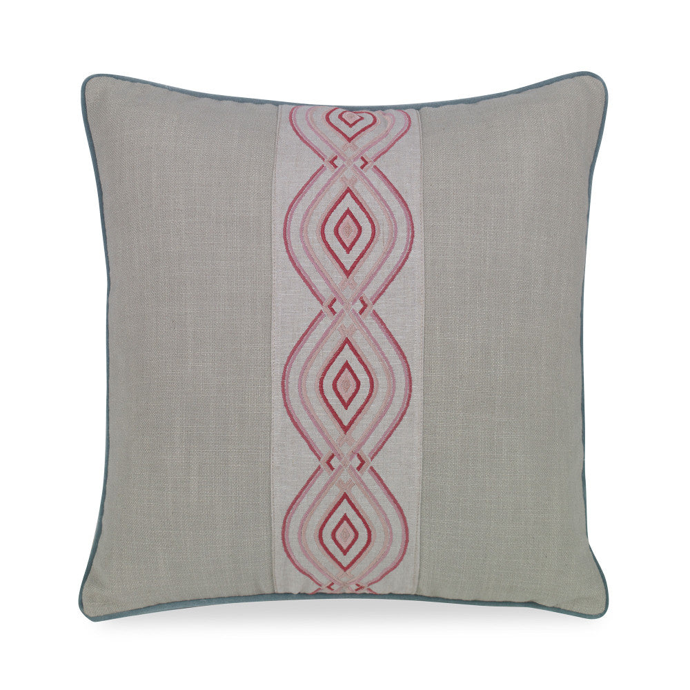 Ora Pillow QR-21073.SAGE.0 by CuratedKravet CuratedKravet Measures 20"H X 20"L. Decorative accent pillow in Kravet 31507.130 on the face and reverse with a decorative trim on the face in TL10150.7, with a small welt to the edge in Kravet 32565.5. Features an invisible zipper. Made in the USA. Includes a 95/5 feather/down insert. United States </p><p>Dimensions: Length 20, Height 20, Width - Fabric Carolina -
