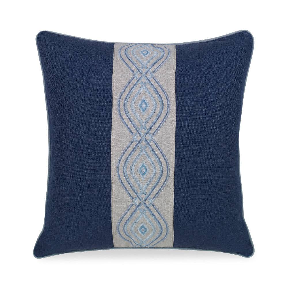 Ora Pillow QR-21073.SAPPHIRE.0 by CuratedKravet CuratedKravet Measures 20"H X 20"L. Decorative accent pillow in Kravet 31502.50 on the face and reverse with a decorative trim on the face in TL10150.5, with a small welt to the edge in Kravet 32565.115. Features an invisible zipper. Made in the USA. Includes a 95/5 feather/down insert. United States </p><p>Dimensions: Length 20, Height 20, Width - Fabric Carolina -