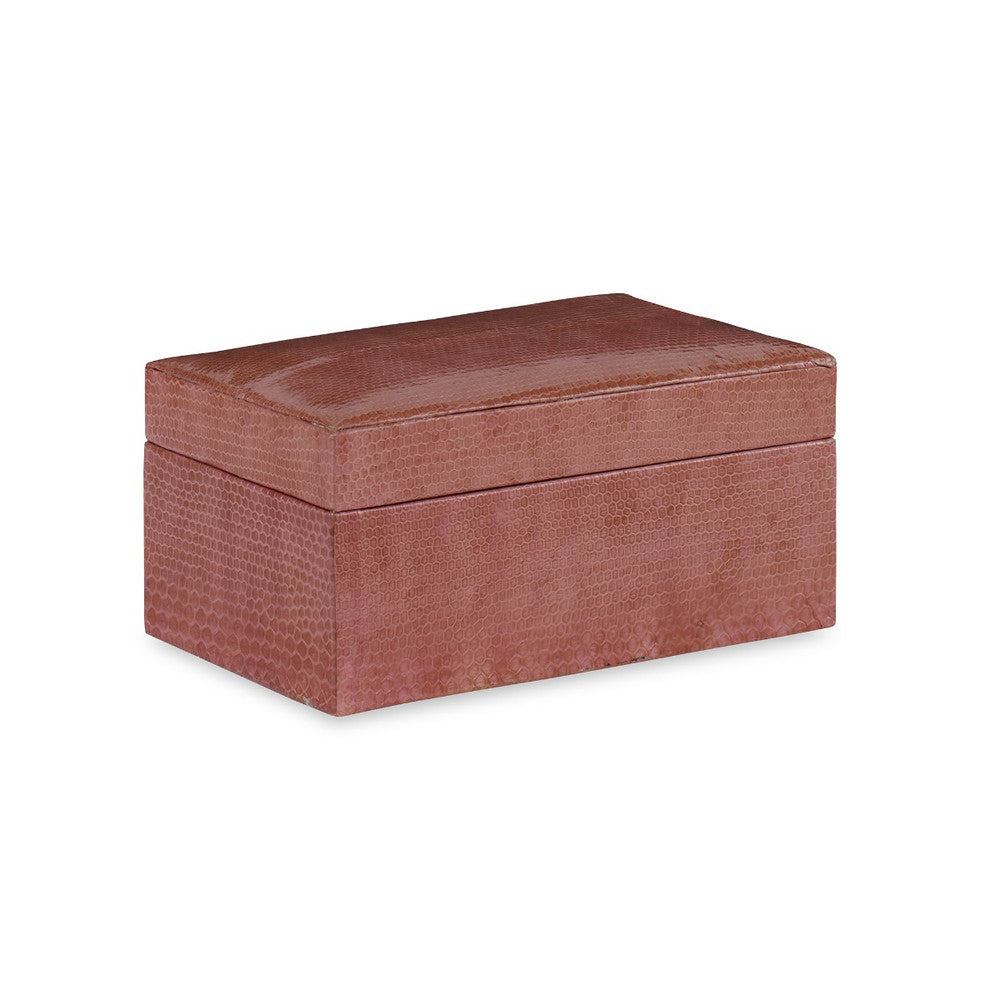 Jacey Box, Pink QR-21144.PINK.0 by CuratedKravet CuratedKravet A decorative lidded box made of natural snakeskin. Interior lined with velvet. Philippines DUST LIGHTLY WITH A SOFT, DRY CLOTH. </p><p>Dimensions: Length 8, Height 4, Width 5 - Fabric Carolina -