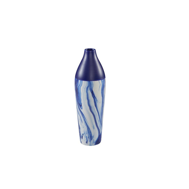 Nicole Vase, Small QR-21469.WHTNAVY.0 by CuratedKravet CuratedKravet A ceramic vase featuring a white and navy swirled design, contrasted by a solid navy top. Portugal DUST LIGHTLY WITH A SOFT, DRY CLOTH. </p><p>Dimensions: Length 3.5, Height 11, Width 3.5 Ceramic - 100% - Fabric Carolina -