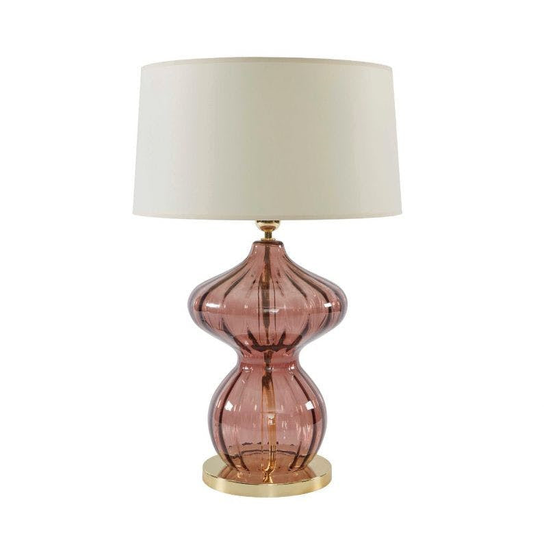 Beacon Table Lamp QR-21728.MARSALA.0 by CuratedKravet CuratedKravet A table lamp made of handmade blown glass. Detailed with polished brass metal accents. Topped with a cream parchment shade and an acrylic finial. Portugal DUST LIGHTLY WITH A SOFT, DRY CLOTH. </p><p>Dimensions: Length 17, Height 25, Width 17 Glass - 60%, Paper - 30%, Metal - 10% - Fabric Carolina -