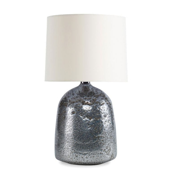 Fremont Table Lamp QR-21732.MIRVOLC.0 by CuratedKravet CuratedKravet A table lamp made of handmade blown glass with metal particles incorporated to create a volcanic-like texture. Detailed with polished nickel metal accents. Topped with a cream parchment shade and an acrylic finial. Portugal DUST LIGHTLY WITH A SOFT, DRY CLOTH. </p><p>Dimensions: Length 13, Height 19.25, Width 13 Glass - 60%, Paper - 30%, Metal - 10% - Fabric Carolina -