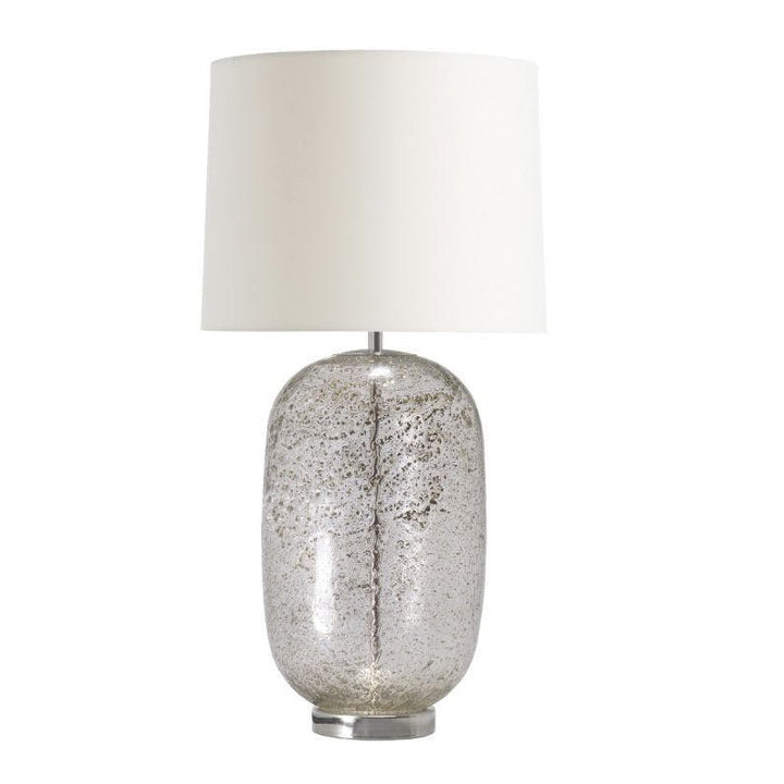 Belltown Table Lamp QR-21734.CLRVOLC.0 by CuratedKravet CuratedKravet A table lamp made of handmade blown glass with metal particles incorporated to create a volcanic-like texture. Detailed with polished nickel metal accents. Topped with a cream parchment shade and an acrylic finial. Portugal DUST LIGHTLY WITH A SOFT, DRY CLOTH. </p><p>Dimensions: Length 16, Height 25.5, Width 16 Glass - 60%, Paper - 30%, Metal - 10% - Fabric Carolina -