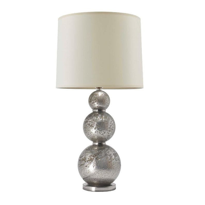 Madrona Table Lamp QR-21735.MIRVOLC.0 by CuratedKravet CuratedKravet A triple sphere table lamp made of handmade blown glass with metal particles incorporated to create a volcanic-like texture. Detailed with polished nickel metal accents. Topped with a cream parchment shade and an acrylic finial. Portugal DUST LIGHTLY WITH A SOFT, DRY CLOTH. </p><p>Dimensions: Length 16, Height 29.5, Width 16 Glass - 60%, Paper - 30%, Metal - 10% - Fabric Carolina -