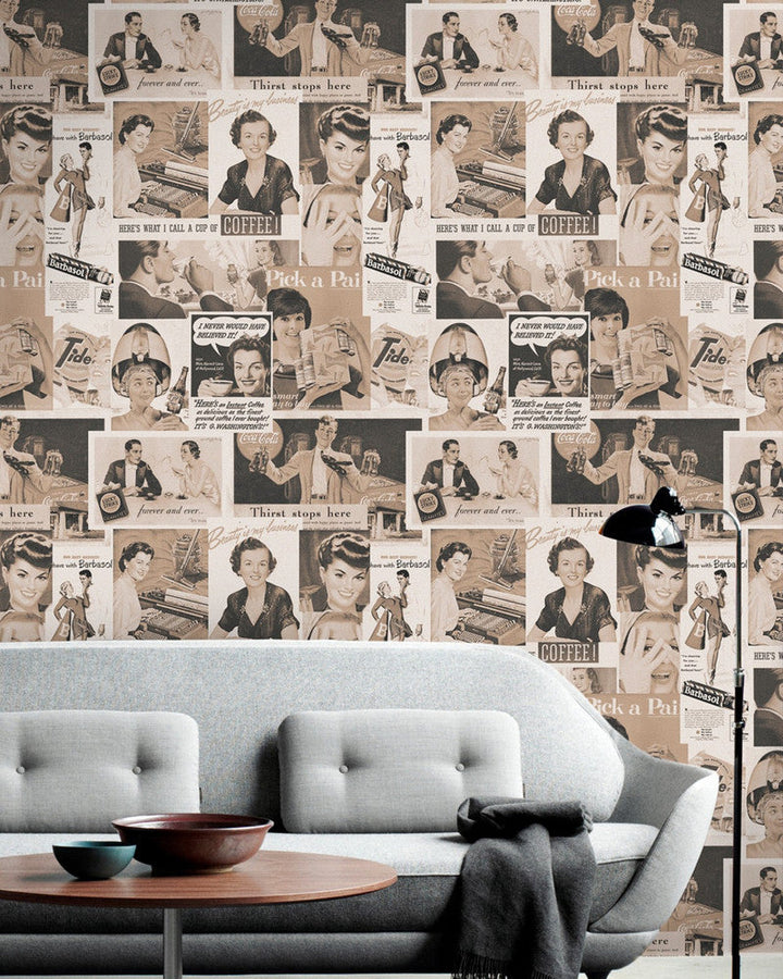 Retro Ads Sepia Premium Wallpaper by Mind the Gap Designer Wallpaper WALLPAPER DESIGNER COLLECTION Non-woven Made in Europe Paste the wall 3 rolls x 20.5 x 3.25 yards - Swanky Fabrics -