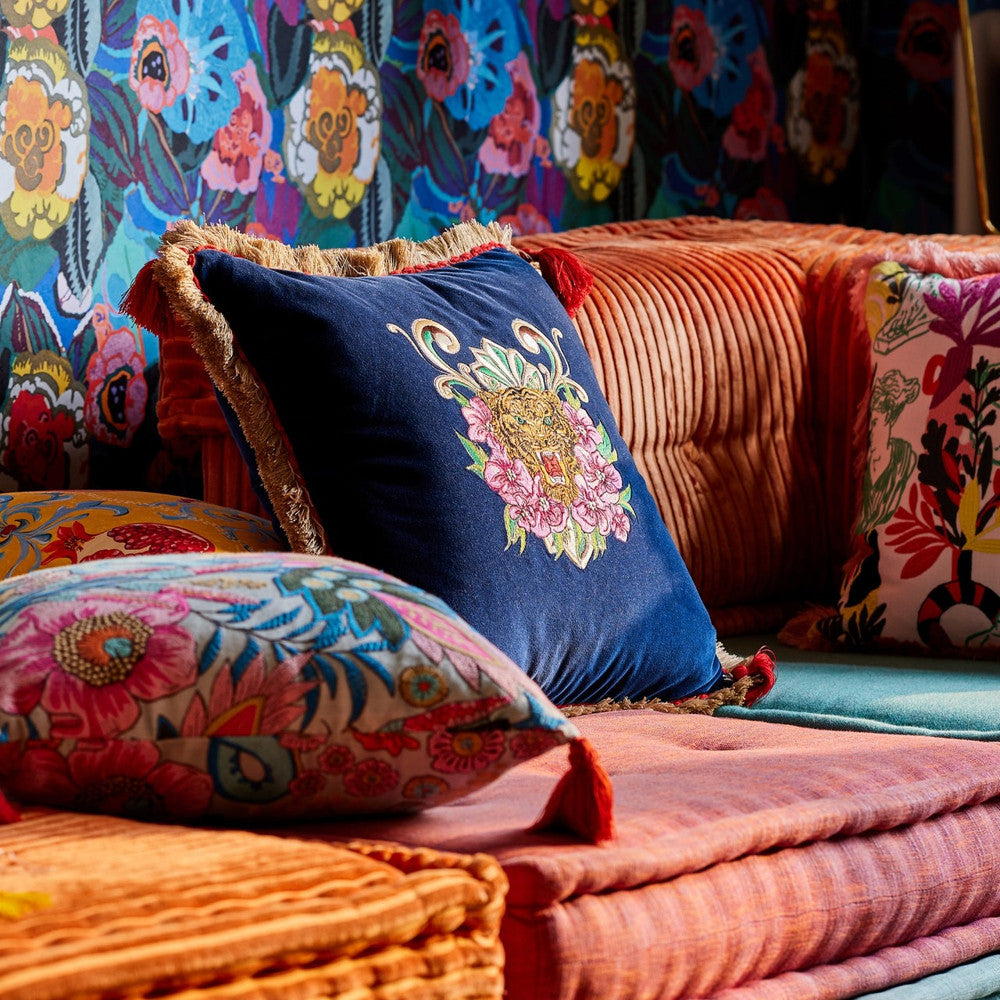 ROARRR Embroidered Velvet Cushion (LC40212) by Mind The Gap | LC40212 | LA DOLCE VITA | 20 x 20 in | Blue, Cream, Green, Pink, Red, White | Fabric Carolina | https://www.fabriccarolina.com/