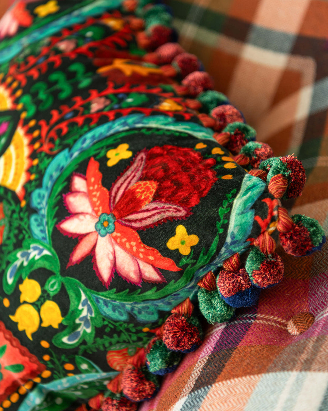 ROSA MUNDI Anthracite velvet cushion (LC40287) by Mind The Gap | LC40287 | TRANSYLVANIAN RHAPSODY | 50 x 50 cm / 20 x 20 in | Black, Blue, Green, Red | Fringes all around | Duck feather | 100% Cotton velvet | Fabric Carolina | https://www.fabriccarolina.com/