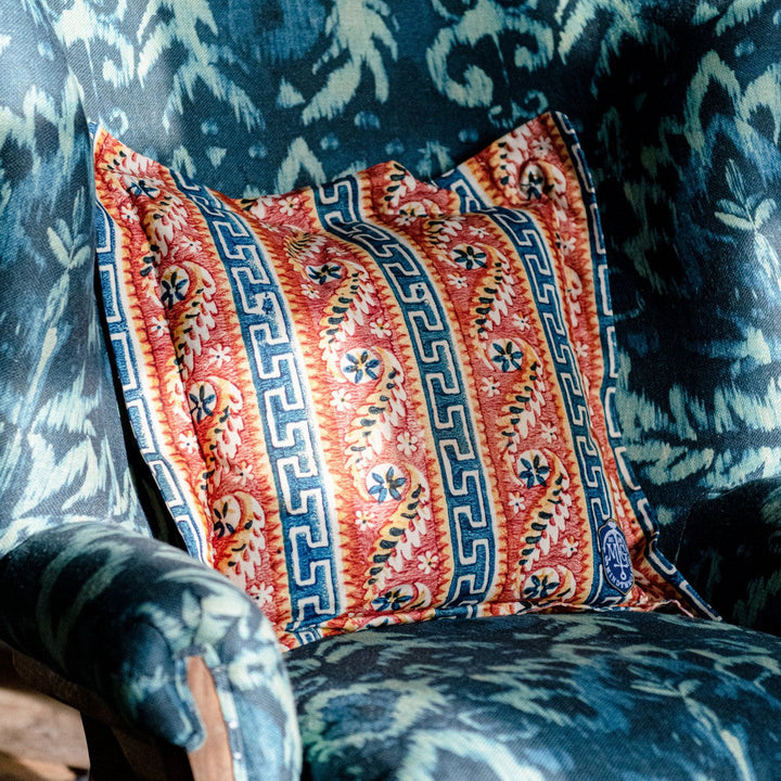 Samothraki Cushion by Mind the Gap Designer Pillow SUNDANCE VILLA 100% Cotton, printed and stonewashed Made in Romania Stonewashed 20 x 20 in - Swanky Fabrics -