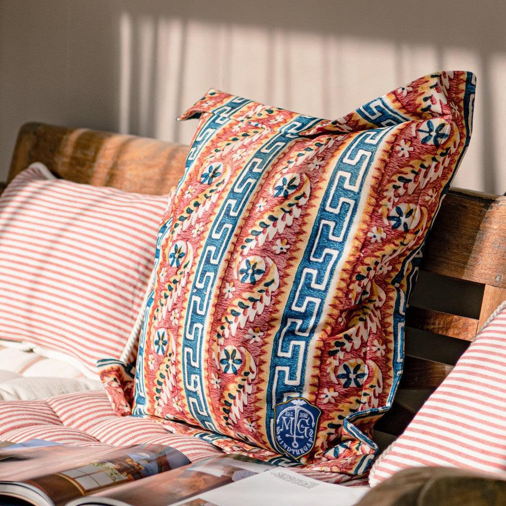 SAMOTHRAKI Outdoor Cushion (LC40125) by Mind The Gap | LC40125 | SUNDANCE VILLA | 20 x 20 in | Blue, Orange, Yellow | Fabric Carolina | https://www.fabriccarolina.com/