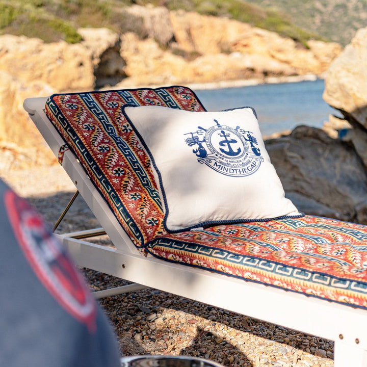Mind The Gap Pillows SAMOTHRAKI Sunbed Cushion (AC00027) | AC00027 | SUNDANCE VILLA | L70.9in x W23.6in x H2.4in | Blue, Orange, Yellow | Fabric Carolina | https://www.fabriccarolina.com/