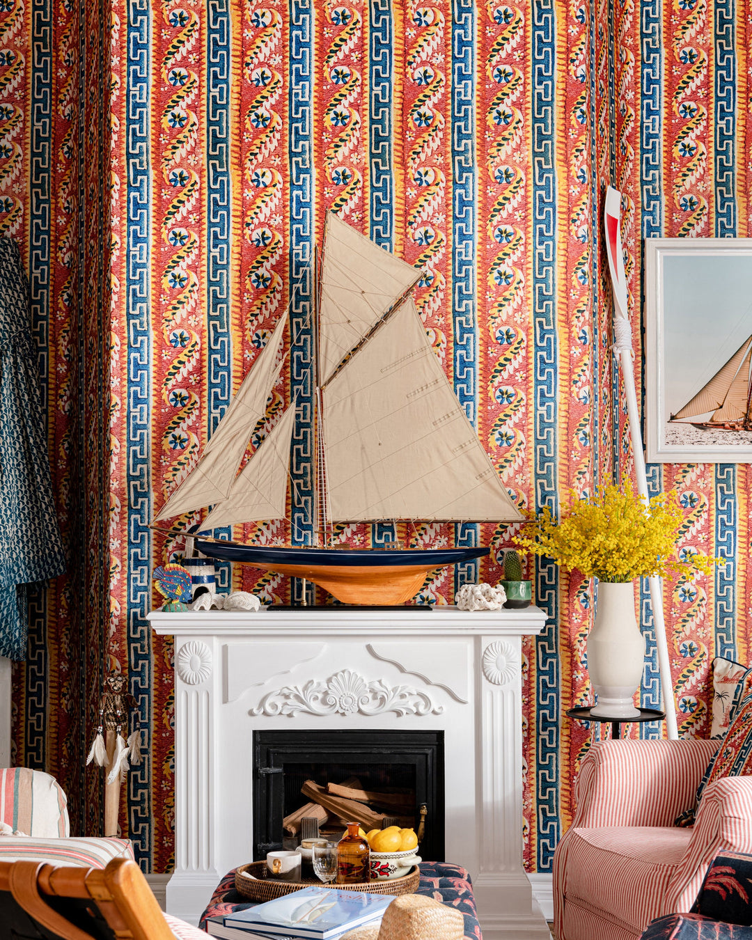 SAMOTHRAKI Wallpaper (WP20571) by Mind The Gap | WP20571 | SUNDANCE VILLA | 3 rolls x 52x300 cm / 20.5x118.1 in | 0.52m / 20.5in | 3m / 118in | 4.65sqm / 50sq ft | 52cm / 20.5in | Blue, Yellow, Beige, Orange | Non-woven Textured | Paste the wall | 3-rolls in a box | Fabric Carolina | https://www.fabriccarolina.com/