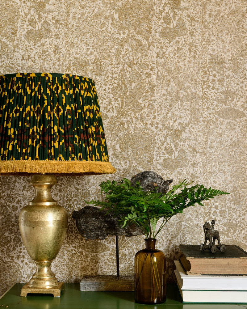 Sarkozi Embroidery Taupe Wallpaper by Mind the Gap Designer Wallpaper TRANSYLVANIAN ROOTS Satin Matte Made in Europe Paste the wall 1 roll x 20.5 x 10.9 yards - Swanky Fabrics -