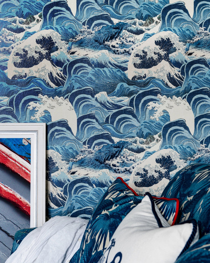 SEA WAVES Light Blue Wallpaper (WP30060) by Mind The Gap | WP30060 | SUNDANCE VILLA | 1 roll x 20.5 x 393.7 in | 0.52m / 20.5in | 10m / 393.7in | 5.20mp | 52cm / 20.5in | Indigo, Light Blue, White | Satin Matte | Paste the wall | 1-roll in a box | Fabric Carolina | https://www.fabriccarolina.com/