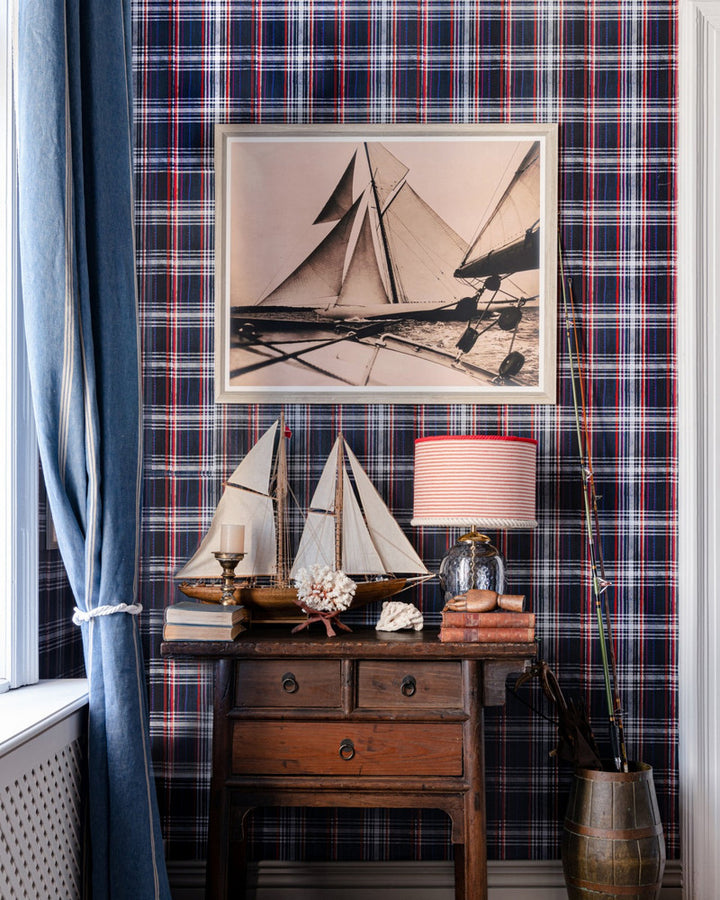 SEAPORT PLAID Navy Blue Wallpaper (WP30067) by Mind The Gap | WP30067 | SUNDANCE VILLA | 1 roll x 20.5 x 393.7 in | 0.52m / 20.5in | 10m / 393.7in | 5.20mp | 64cm / 26.1in | Indigo, Red, White | Satin Matte | Paste the wall | 1-roll in a box | Fabric Carolina | https://www.fabriccarolina.com/