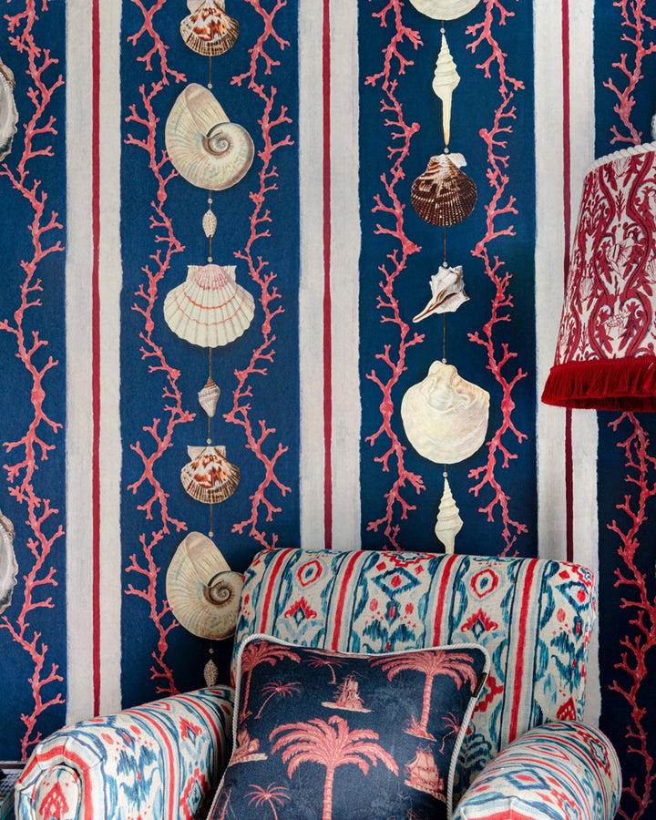 COQUILLAGE Wallpaper (WP20572) by Mind The Gap | WP20572 | SUNDANCE VILLA | 3 rolls x 20.5 x 118.1 in | 0.52m / 20.5in | 3m / 118in | 4.65mp | 100cm / 39.3in | Indigo, Red, White | Textured Matte | Paste the wall | 3-rolls in a box | Fabric Carolina | https://www.fabriccarolina.com/