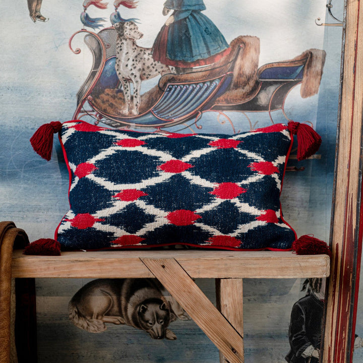 Seebensee Cushion by Mind the Gap Designer Pillow TYROL APRES-SKI HOME COLLECTION 90% Cotton, 10% Polyamide Made in Romania Piped edge and tasseled corners 20 x 12 in - Swanky Fabrics -