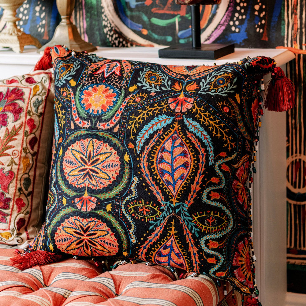 SOUL SACRIFICE Cushion (LC40140) by Mind The Gap | LC40140 | WOODSTOCK '69 LIFESTYLE COLLECTION | 20 x 20 in | Black, Blue, Green, Orange, Yellow | Fabric Carolina | https://www.fabriccarolina.com/