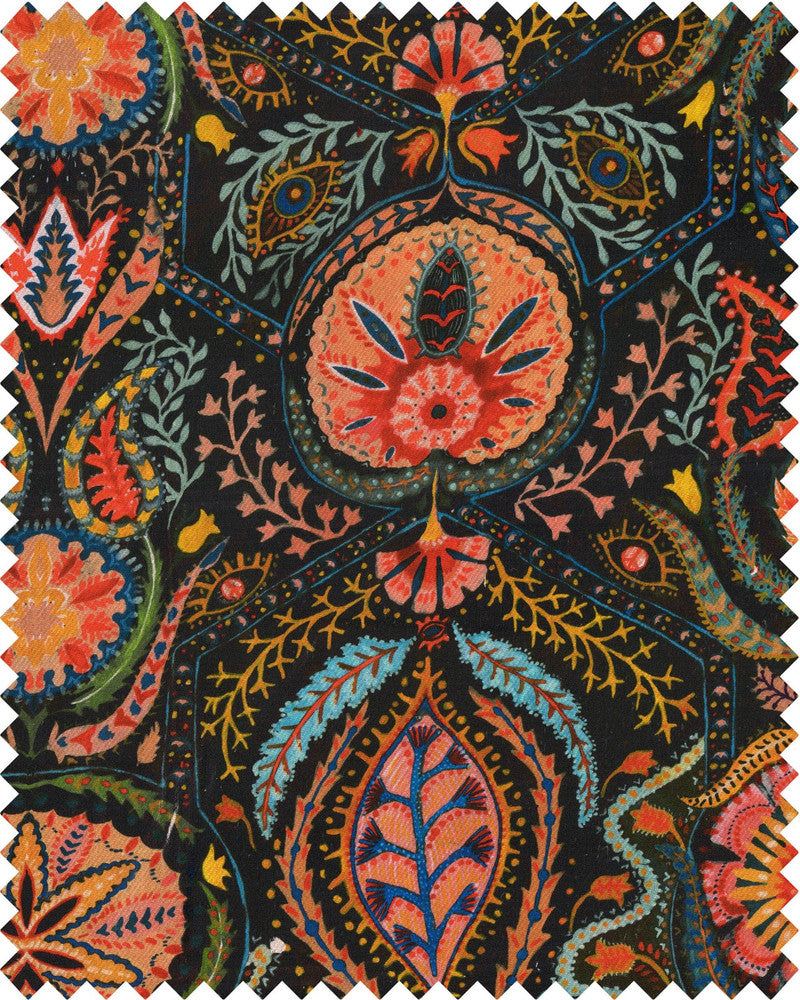 SOUL SACRIFICE Fabric (FB00076) by Mind The Gap | FB00076 | WOODSTOCK '69 LIFESTYLE COLLECTION | Black, Blue, Green, Orange, Yellow | Fabric Carolina | https://www.fabriccarolina.com/