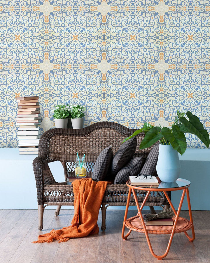 SPANISH TILE Premium Wallpaper (WP20054) by Mind The Gap | WP20054 | WALLPAPER DESIGNER COLLECTION | 3 rolls x 20.5 x 118.1 in | 0.52m / 20.5in | 3m / 118in | 4.65mp | 52cm / 20.5in | Blue, Orange | Non-woven | Paste the wall | 3-rolls in a box | Fabric Carolina | https://www.fabriccarolina.com/