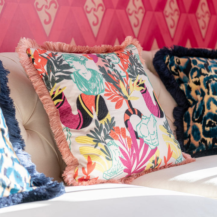 STATUARIO Embroidered Cushion (LC40255) by Mind The Gap | LC40255 | LA DOLCE VITA | 20 x 20 in | Black, Fucsia, Green, Pink, Red, Yellow | Fabric Carolina | https://www.fabriccarolina.com/