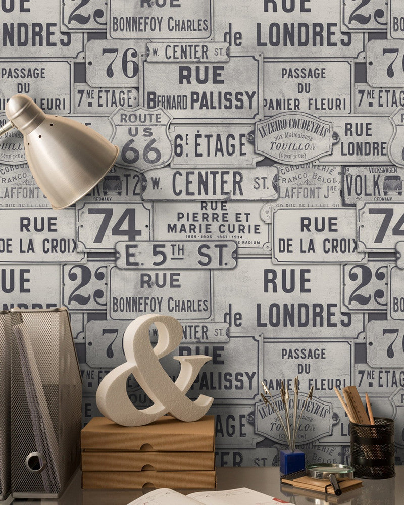 Street Signs Neutral Premium Wallpaper by Mind the Gap Designer Wallpaper WALLPAPER DESIGNER COLLECTION Non-woven Made in Europe Paste the wall 3 rolls x 20.5 x 3.25 yards - Swanky Fabrics -