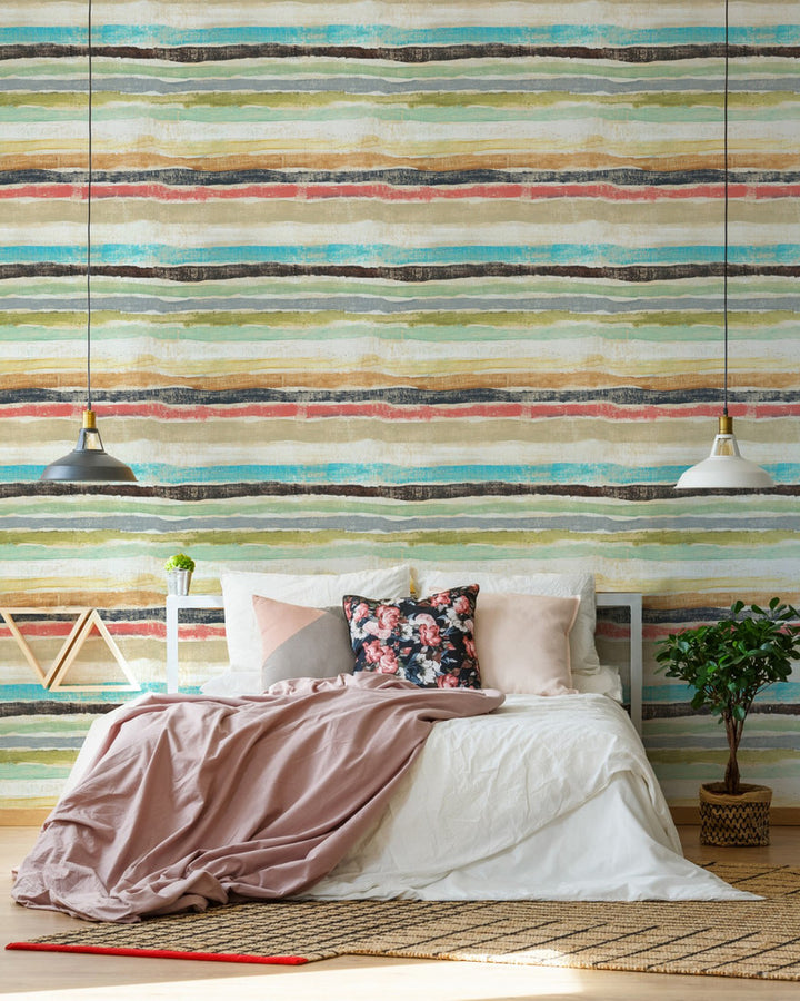 STRIPES (WP20278) by Mind The Gap | WP20278 | THE SUGARBOO COLLECTION | 3 rolls x 20.5 x 118.1 in | 0.52m / 20.5in | 3m / 118in | 4.65mp | 52cm / 20.5in | Blue, Ochre, Red, Taupe | Non-woven | Paste the wall | 3-rolls in a box | Fabric Carolina | https://www.fabriccarolina.com/