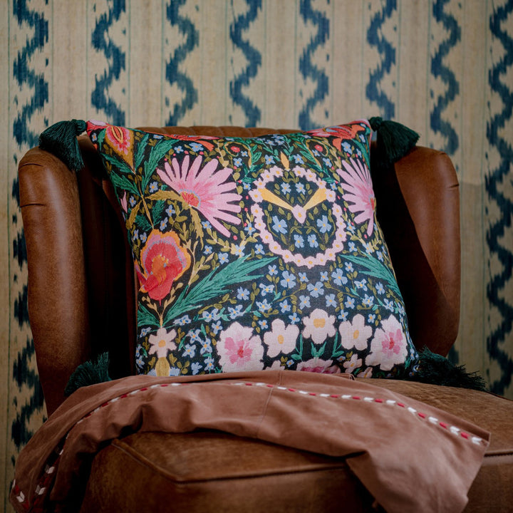 SUSIE Q Cushion (LC40147) by Mind The Gap | LC40147 | WOODSTOCK '69 LIFESTYLE COLLECTION | 20 x 20 in | Black, Green, Pink, Yellow | Fabric Carolina | https://www.fabriccarolina.com/